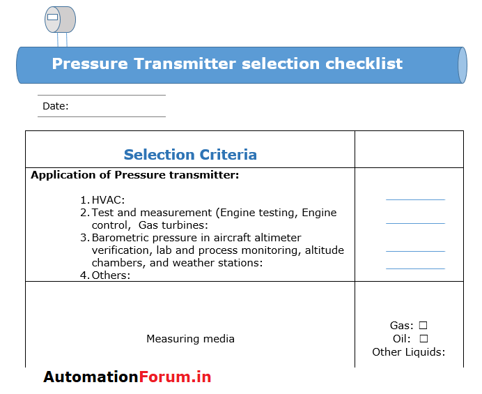 Pressure transmitter selection Checklist Pressure Measurement
